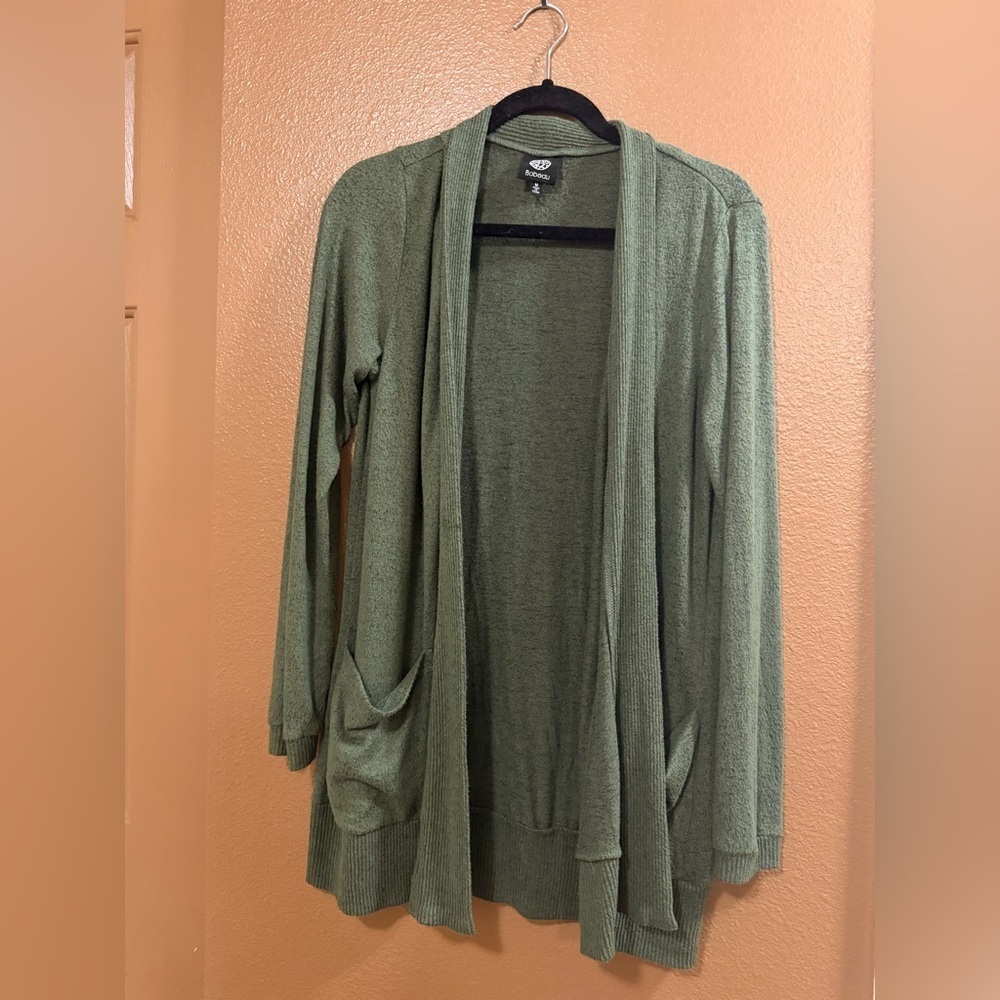 Jemmy Brushed Open Pocket Cardigan by bobeau. Olive/light forest green. - Picture 5 of 10